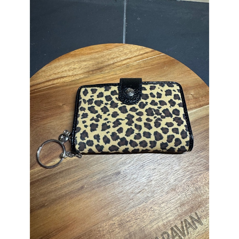 Liz Claiborne Leopard Print Bifold Wallet Black Patent Trim Keychain ID Window
